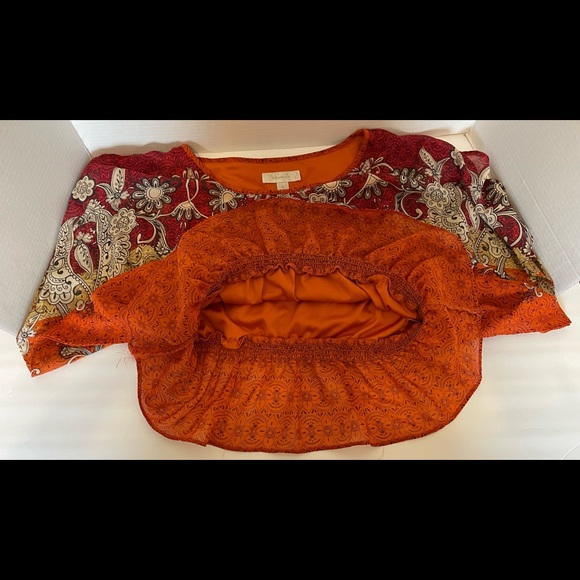 Dressbarn Ladies Orange Floral Blouson Blouse Gathered Elastic Waist Size Small - Picture 5 of 13